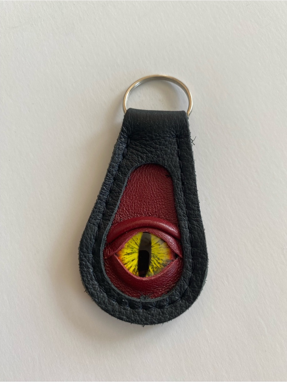 Black & Red dragon eye Leather Keyring with Yellow Eye Accent